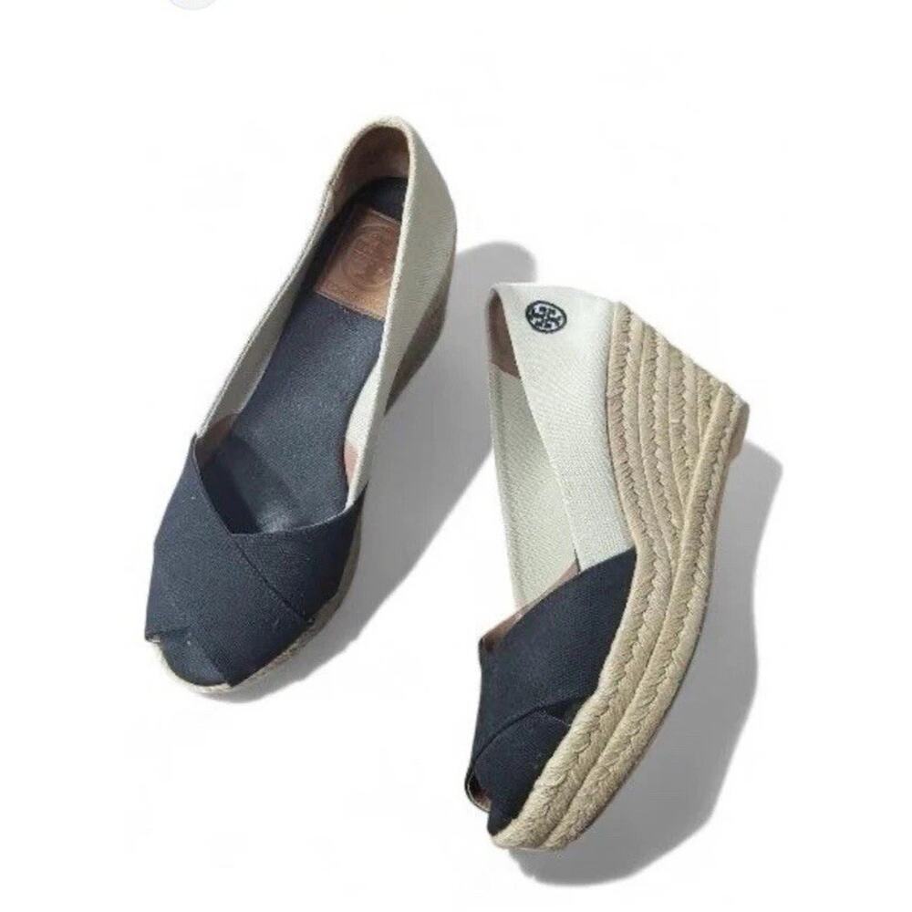Tory Burch White Cream And Black Canvas Espadrille 8 Wedge Excellent